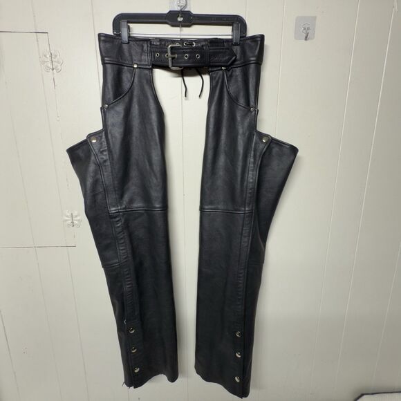 MOB Genuine Leather Black Motorcycle Riding Chaps Side Zipper Button Men L EUC - Picture 1 of 12